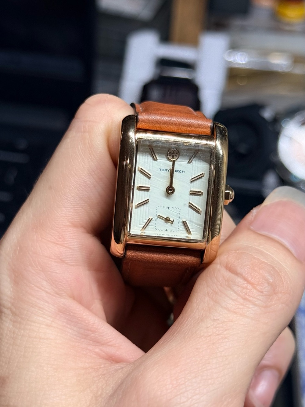 Tory Burch Rose Gold Rectangular Watch with Brown Leather Strap